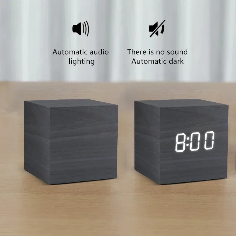 Cantarini TimberTime™ LED Wooden Alarm Clock (Sound Control + Temperature Display, USB / Battery Powered)