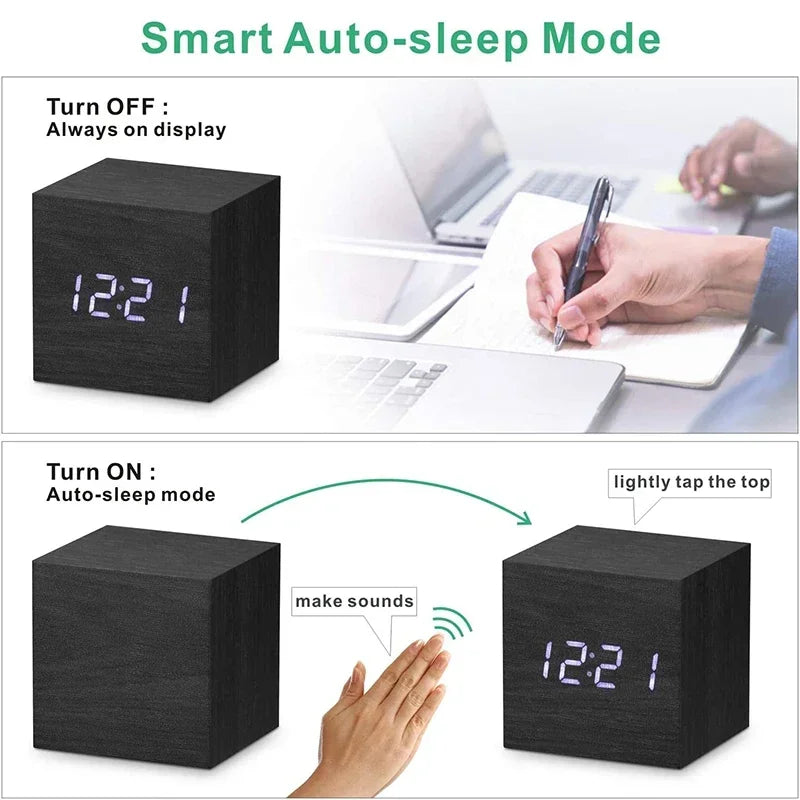 Cantarini TimberTime™ LED Wooden Alarm Clock (Sound Control + Temperature Display, USB / Battery Powered)