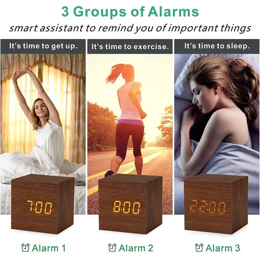 Cantarini TimberTime™ LED Wooden Alarm Clock (Sound Control + Temperature Display, USB / Battery Powered)