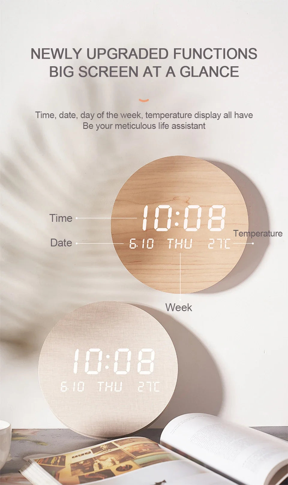 Cantarini ChronoGlow™ LED Digital Wall Clock (Temperature + Date Display, Rechargeable / Plug-In)